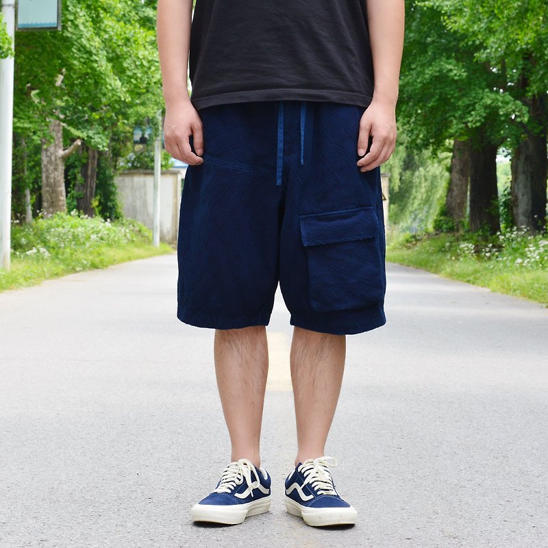 Mei 円 21SS blue-dyed hand-stitched Japanese retro loose casual pants shorts INDIGO - Men's Shorts - Cotton & Hemp Blue