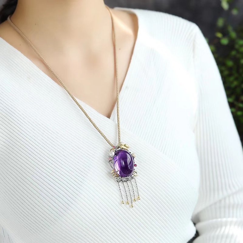 [Welfare price] orphan Italian mosaic technology inlaid with natural amethyst egg noodles / grab and earn / super beautiful - สร้อยคอ - คริสตัล 