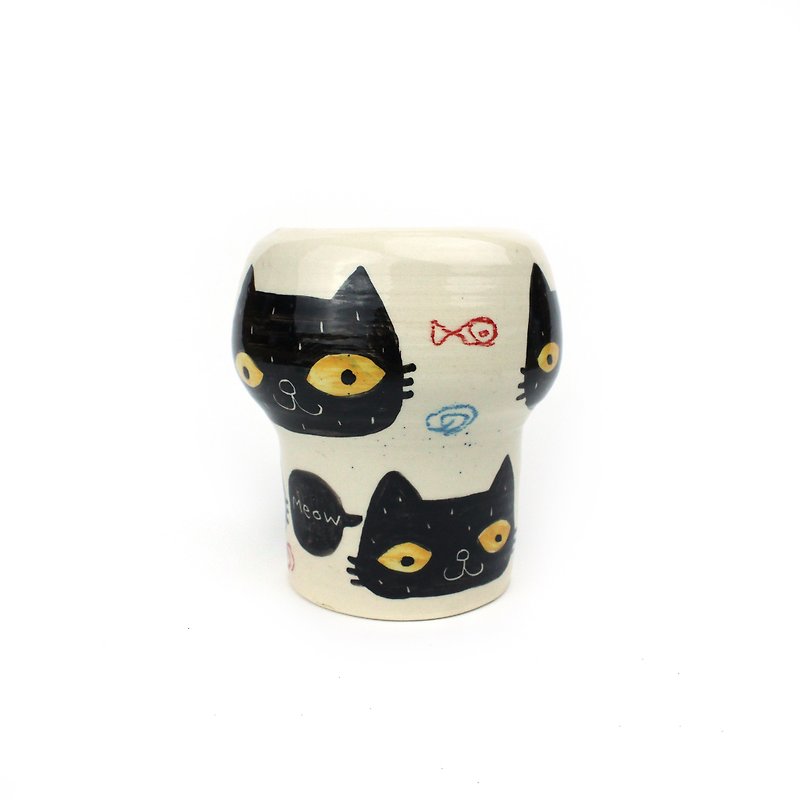 Nice Little Clay 花器 黑貓與鳥 0908-3 - 花瓶/陶器 - 陶 白色