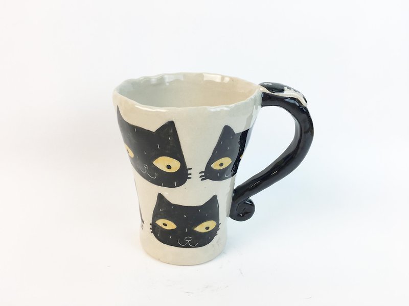 Nice Little Clay handmade bell cup_full black cat 0101-23 - Mugs - Pottery White