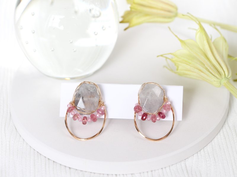 14kgf- sheer gray quartz & tourmaline wrap jewel pierced earrings - 耳環/耳夾/耳骨夾 - 其他金屬 灰色