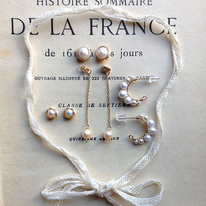 goody bag / Petit Lucky Bags Freshwater Pearl and Vintage Pearl Beads 14kgf Earrings OR Ear Clip Set - Earrings & Clip-ons - Gemstone White