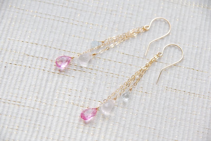 Pink topaz and 3 drop pierced earring of a spring scenery stone  14kgf - Earrings & Clip-ons - Gemstone Pink