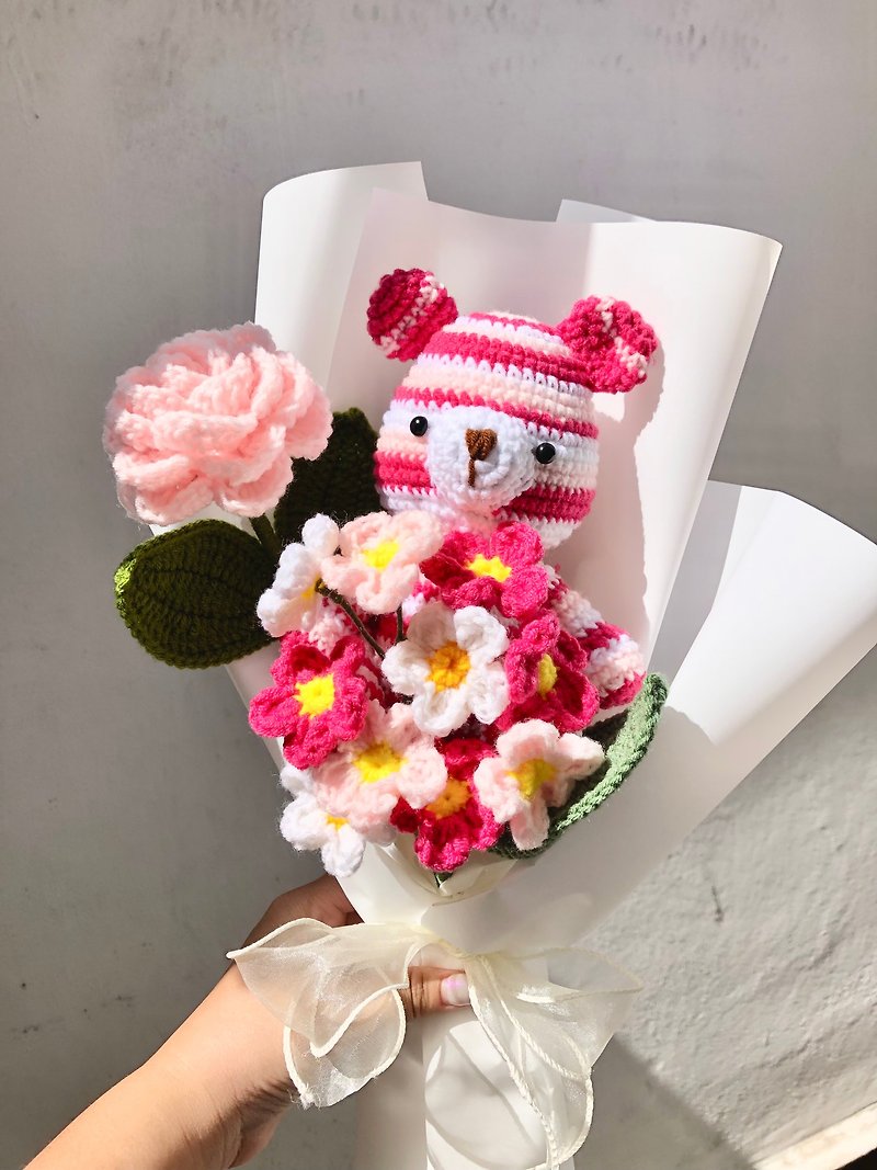 Crochet Teddy Bear with Flower Bouquet - Plants & Floral Arrangement - Other Materials 