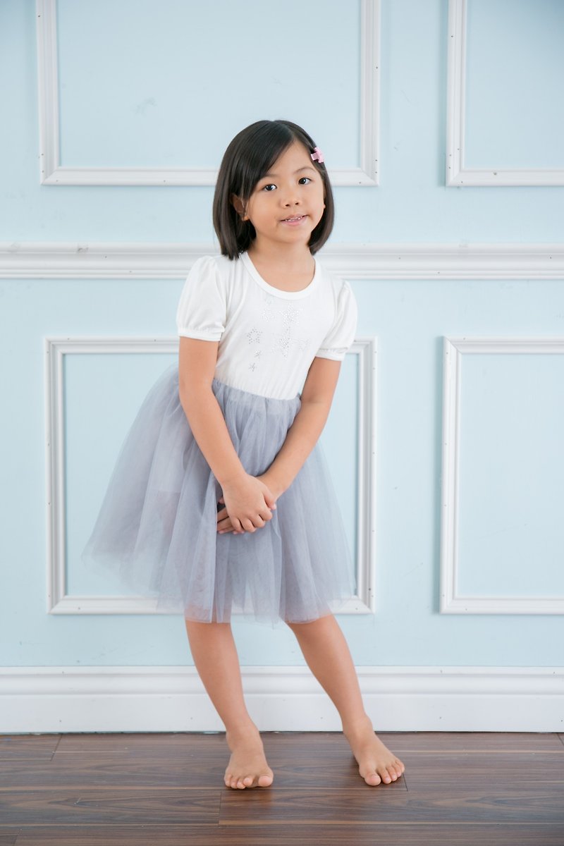 Hot Rhinestone Short Sleeve One-piece Veil Dress Dress Tu Tu-Cream/Gray-Star - Kids' Dresses - Polyester 