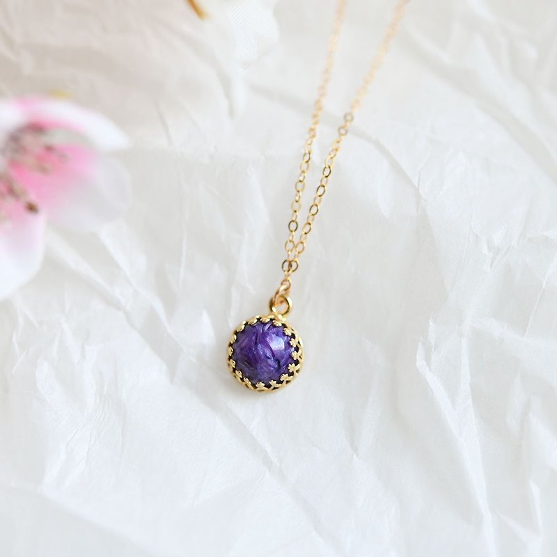 A round bezel necklace made from the enchanting beauty of the Stone, Charoite. - Necklaces - Gemstone Purple