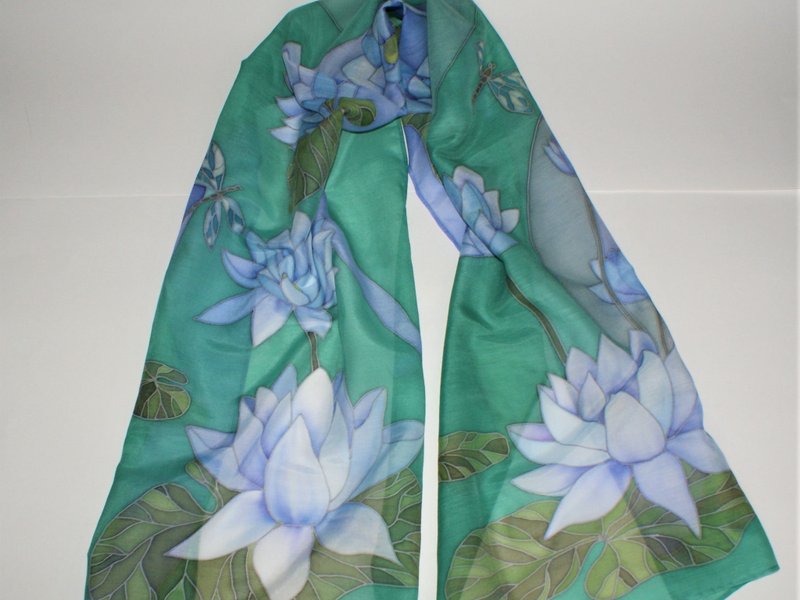 Buy lotus flower scarf Hand painted scarf Silk cotton blend scarf - 絲巾 - 絲．絹 綠色