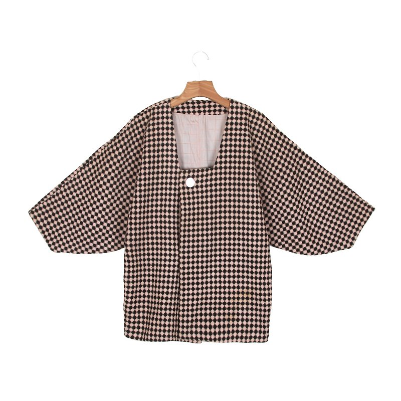 Egg plant vintage] Checkerboard woolen vintage kimono Yu woven coat - เสื้อแจ็คเก็ต - ขนแกะ สีนำ้ตาล