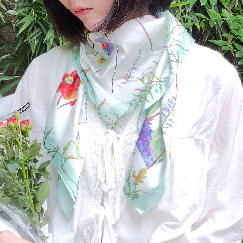 【客製化禮物】手繪素雅蘭花方形大絲巾/圍巾/ - 圍巾/披肩 - 絲．絹 