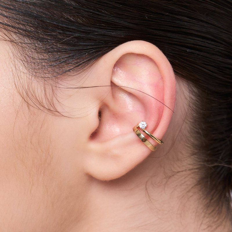 925 Silver Thick Plated 18K Gold Inclusivo Earcuff Double Ring Gemstone Earcuffs - ต่างหู - เงินแท้ สีทอง