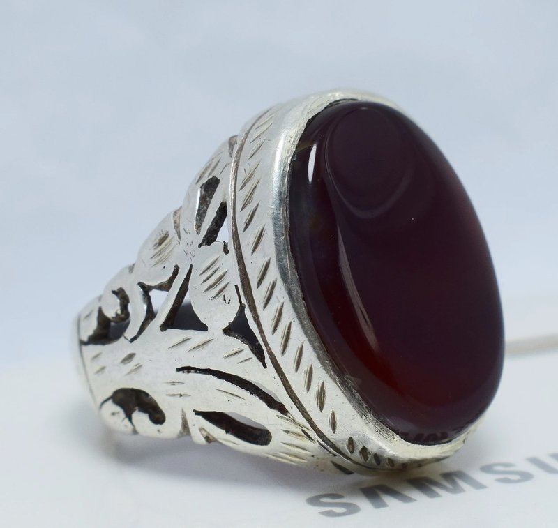 天然深紅血紅海姆斯瑪瑙 (Aqiq) 戒指 - 戒指 - 寶石 咖啡色