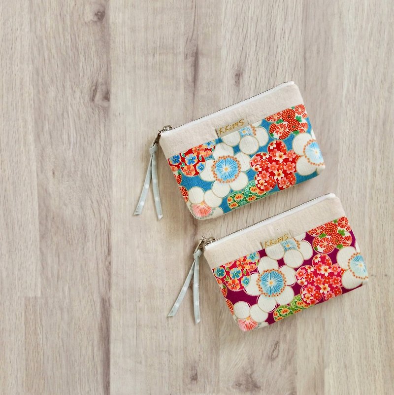 [FWL/four-layer small wallet] Japanese style pattern orange blue red purple water jade dots - Coin Purses - Cotton & Hemp Multicolor