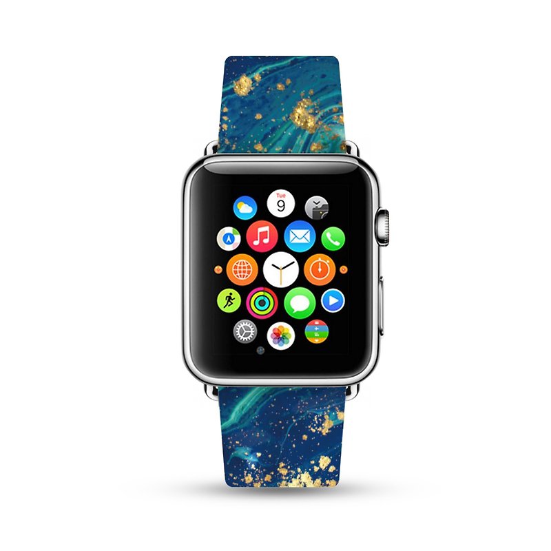 海洋藍金色瑪瑙 Apple Watch 真皮手錶帶 38 40 42 44 mm -308 - 錶帶 - 真皮 藍色