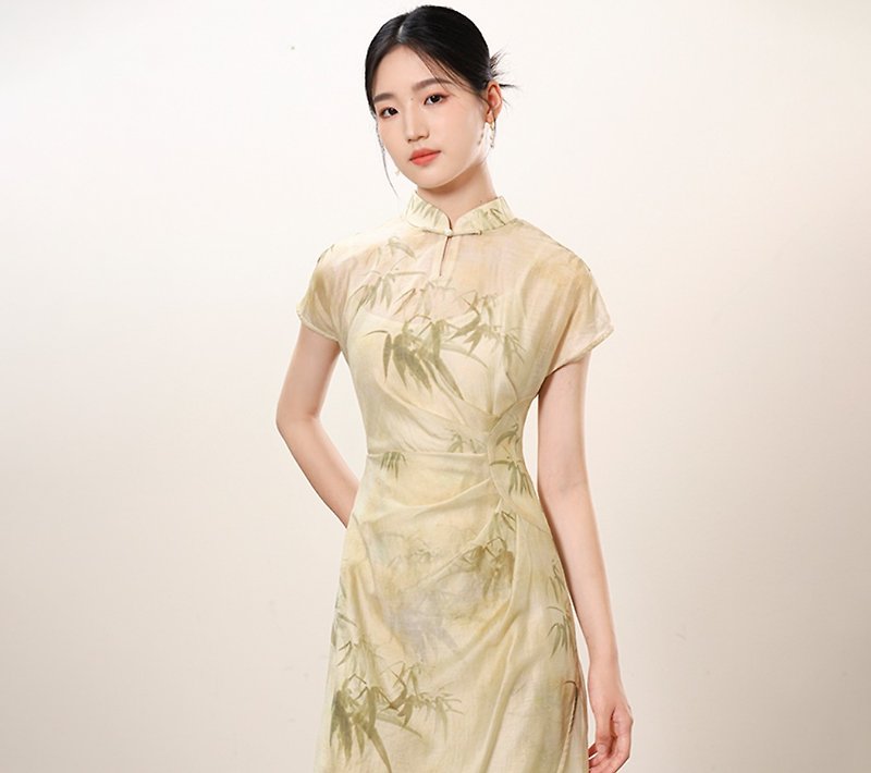 新中式 改良旗袍收腰顯瘦水滴立領洋裝 - 連身裙 - 絲．絹 黃色