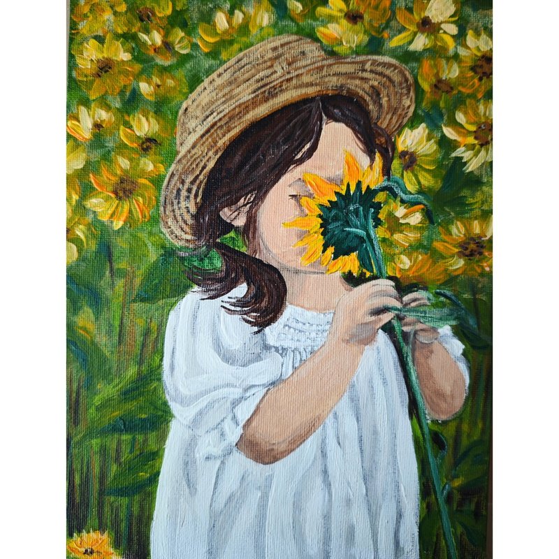 拿著向日葵的小女孩原創藝術場景繪畫作品 作者 RinaArtSK - 壁貼/牆壁裝飾 - 其他材質 多色