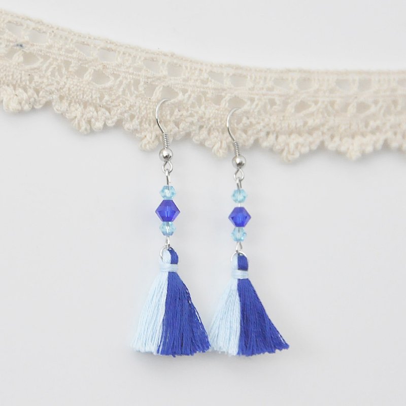 Two-tone tassels. Czech crystal. Earrings Two Colorway Tassel. Crystal. Earring - Earrings & Clip-ons - Thread Blue