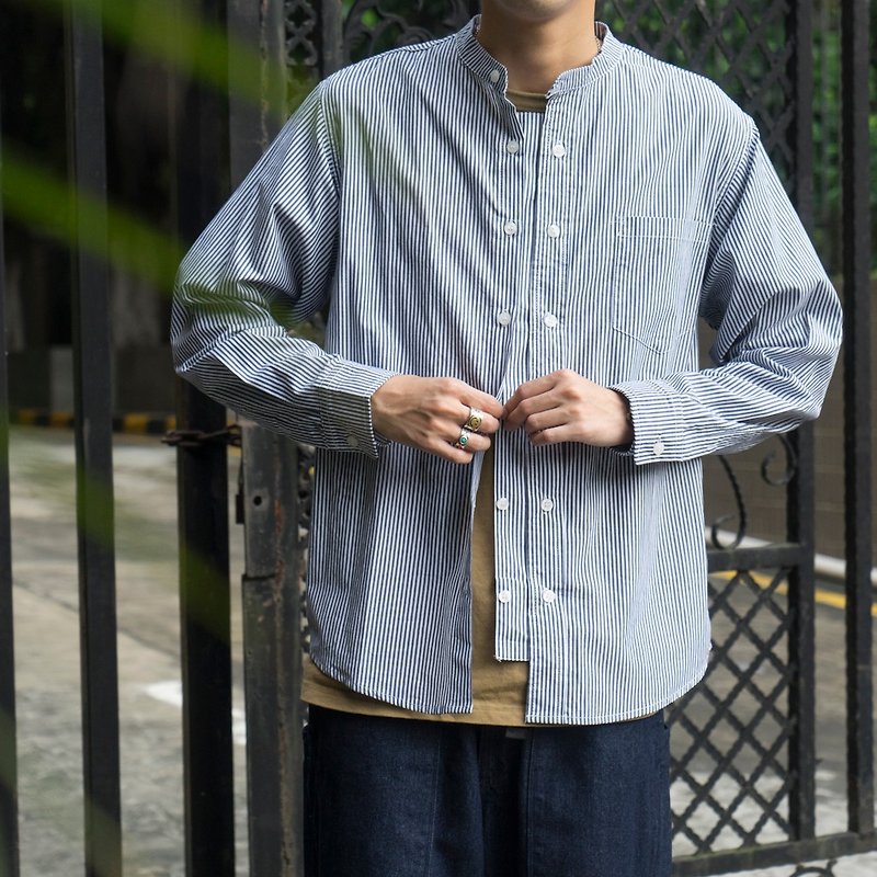 ダブルブレストデザインのスーパーワイルドストライプポケットシャツ男性の毎日の必需品と秋の新しい日本人 - シャツ メンズ - コットン・麻 ブルー