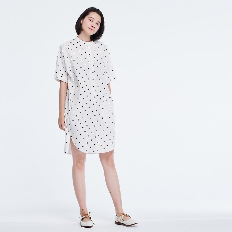 Kurta Short Sleeves Print  Midi Dress White - ชุดเดรส - ผ้าฝ้าย/ผ้าลินิน ขาว