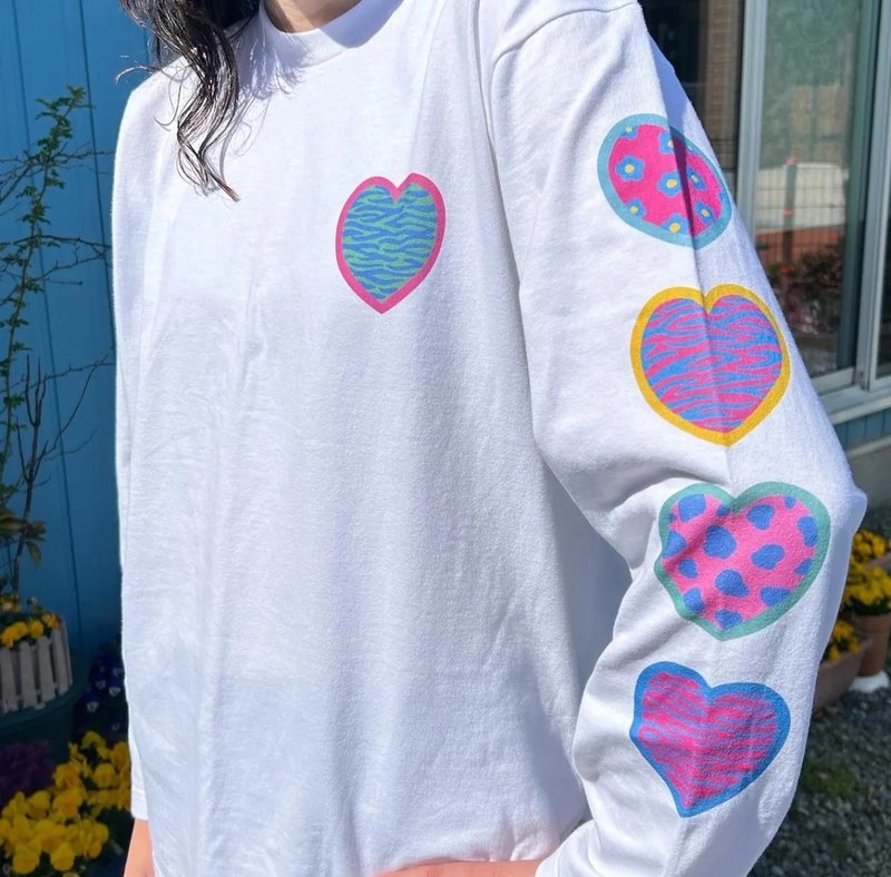 ハート柄 ロングTシャツ - 女 T 恤 - 棉．麻 