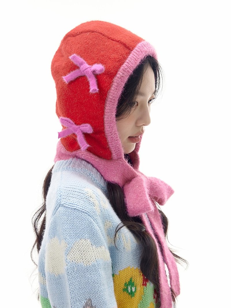 Pink cute bow long tie Little Red Riding Hood knitted hat - Hats & Caps - Other Materials Multicolor