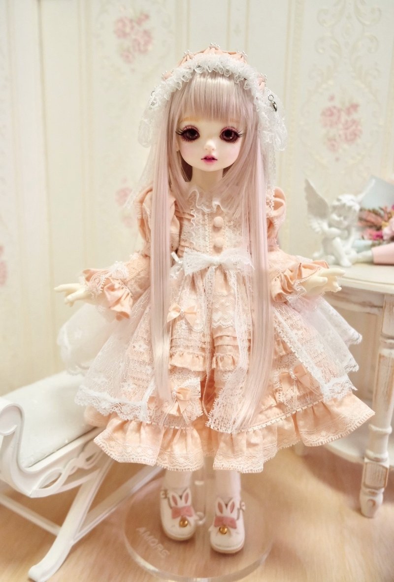 Rosenlied Holiday BJD clothes 1/4 Apricot Cream floral dress(4 in 1) - ตุ๊กตา - ผ้าฝ้าย/ผ้าลินิน 