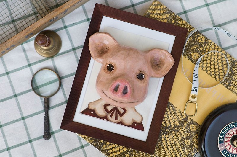 木製のフォトフレームと紙の豚の頭 - ポスター・絵 - 紙 ピンク