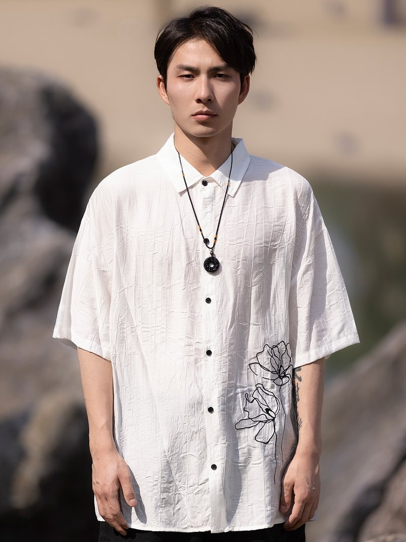 New Chinese retro embroidered short-sleeved shirt - Men's Shirts - Other Materials White