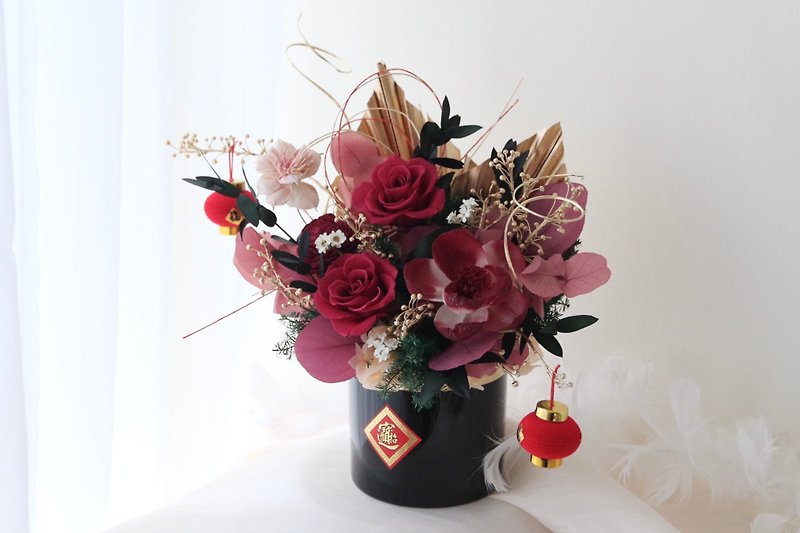 [New Year Flower Gift] Preserved Flower Pot Opening Gift Dried Flowers Dried Flower Table Flowers Preserved Roses - ช่อดอกไม้แห้ง - เครื่องลายคราม สีแดง