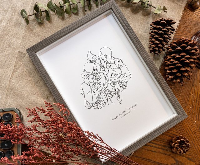 シンプル線画 5人家族 似顔絵 似顔絵 オーダーメイド 絵画 誕生日