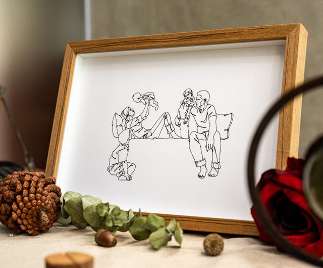 シンプル線画 5人家族 似顔絵 似顔絵 オーダーメイド 絵画 誕生