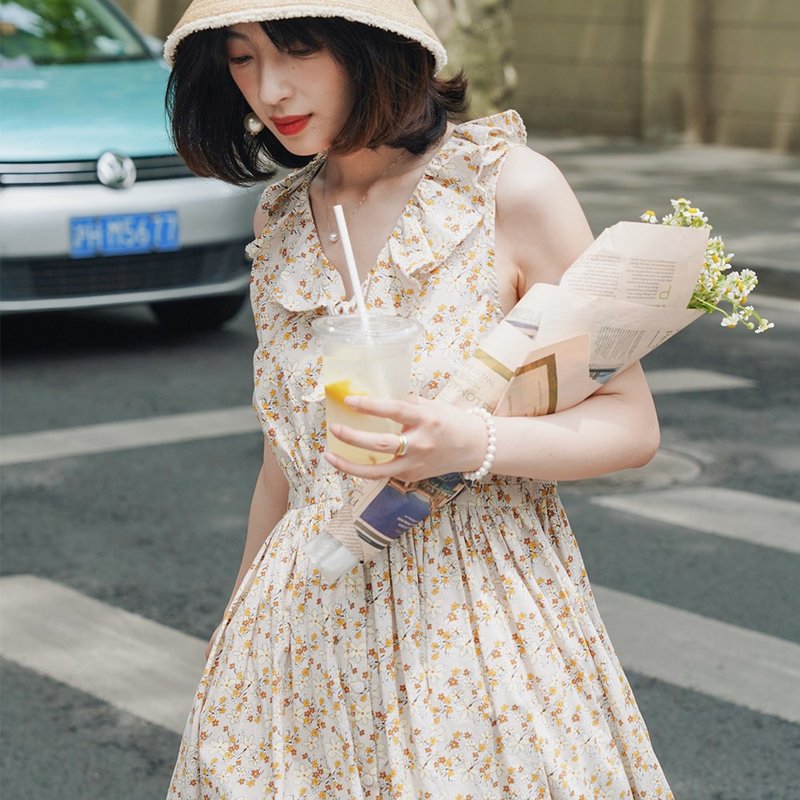 法式小碎花背心連衣裙|洋裝|夏款|棉|Sora-742 - 連身裙 - 棉．麻 