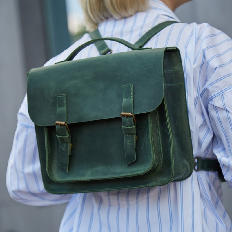 Leather convertible purse-backpack, transformer bag, briefcase - Backpacks - Genuine Leather Green