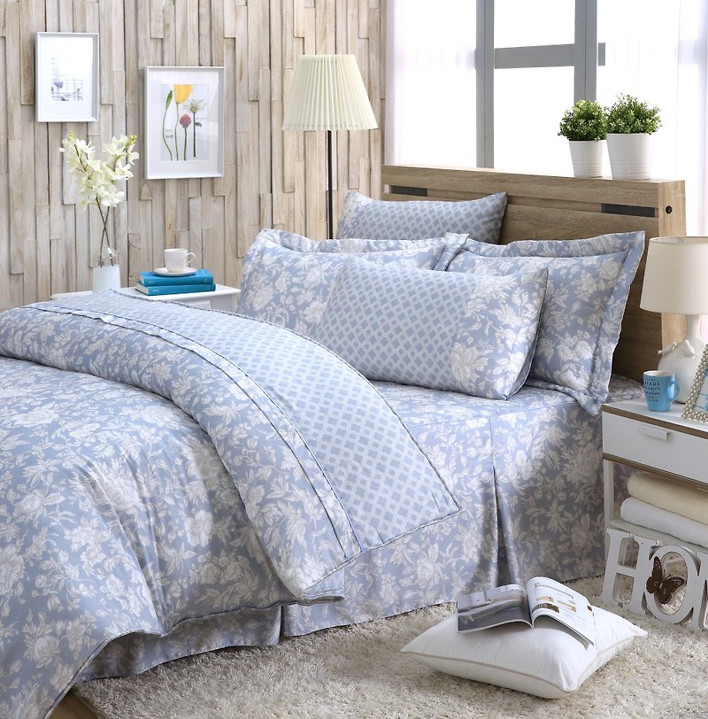 Increase the size of the flower language (blue) - Tencel dual-use bed cover six-piece group [100% Lysell] - เครื่องนอน - ผ้าไหม สีน้ำเงิน