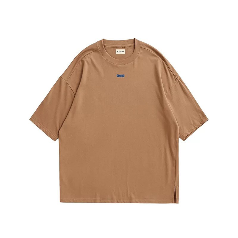 KAIKAI 寬鬆五分袖logo落肩T - 駝色 - 男 T 恤 - 棉．麻 橘色