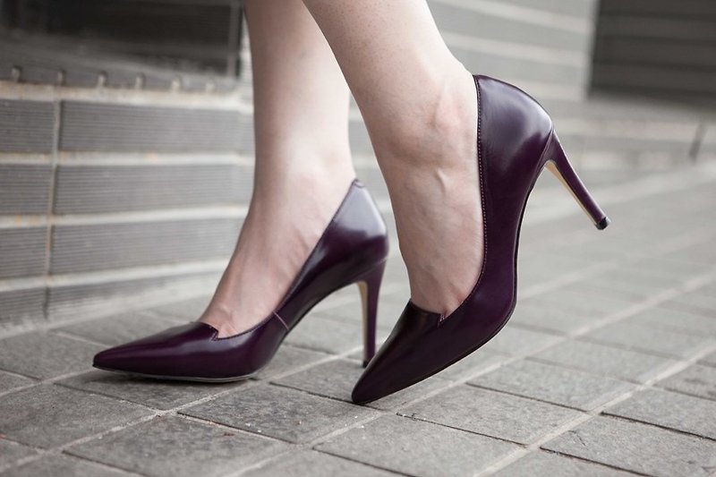 Minimalist small V fork tip leather fine high heels purple - รองเท้าส้นสูง - หนังแท้ สีม่วง