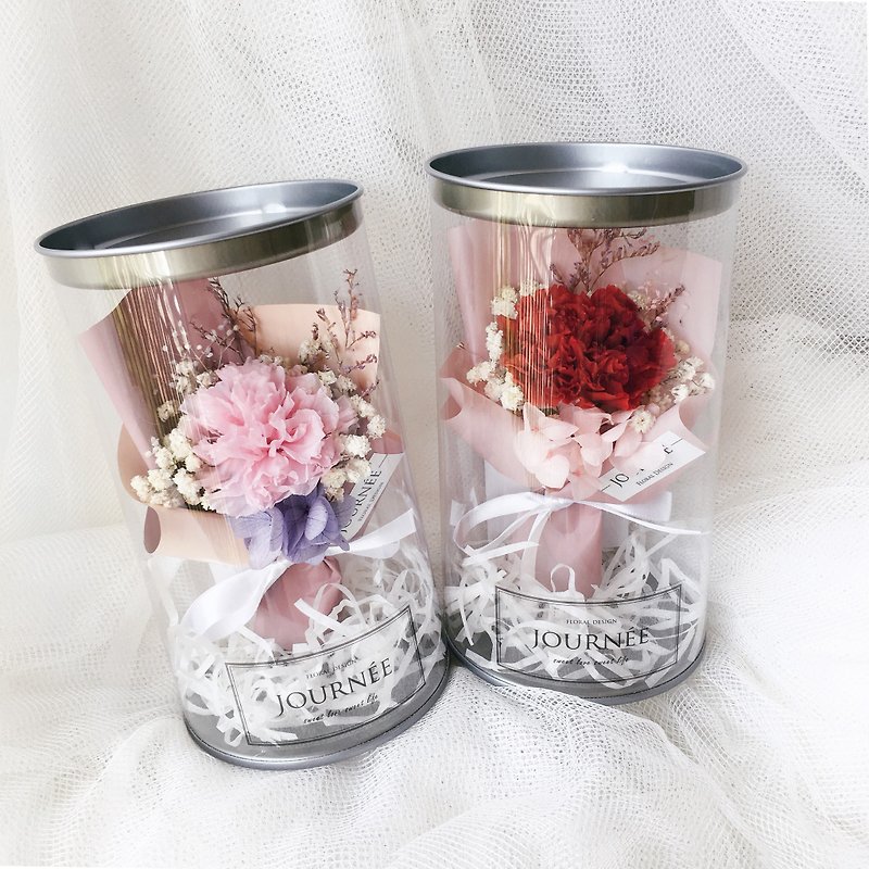 Journee pink/red immortal carnation flower jar with card dry bouquet mother's day gift filial piety - ช่อดอกไม้แห้ง - พืช/ดอกไม้ 