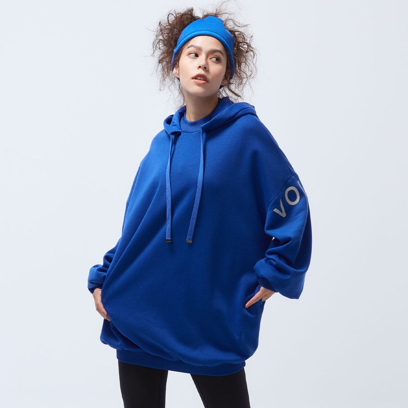 Cozee-抗菌刷毛logo連帽長版上衣-濱海藍 - 帽T/大學T - 聚酯纖維 藍色