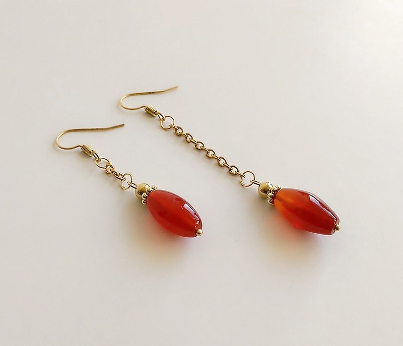 [Gemstone Series] Handmade Natural Ore Red Agate Brass Precious Stones • Earrings (changeable clip type) - Earrings & Clip-ons - Gemstone Red