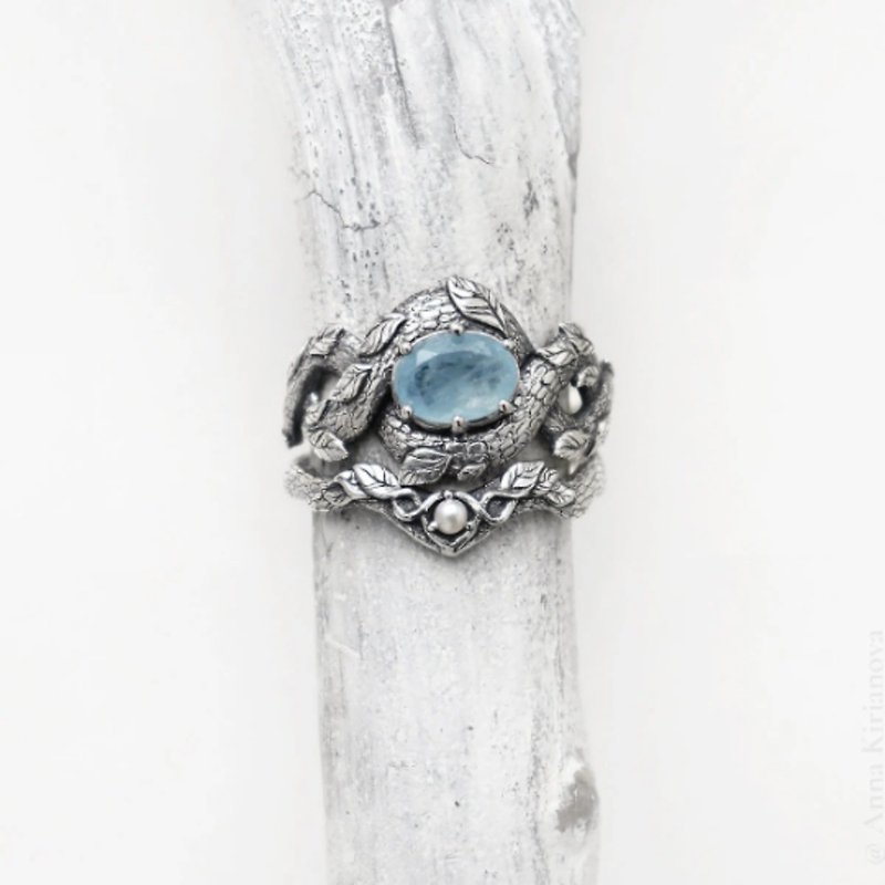 Set of Dragon Ring with Natural Aquamarine and Leaf Ring with Pearl - General Rings - Sterling Silver 