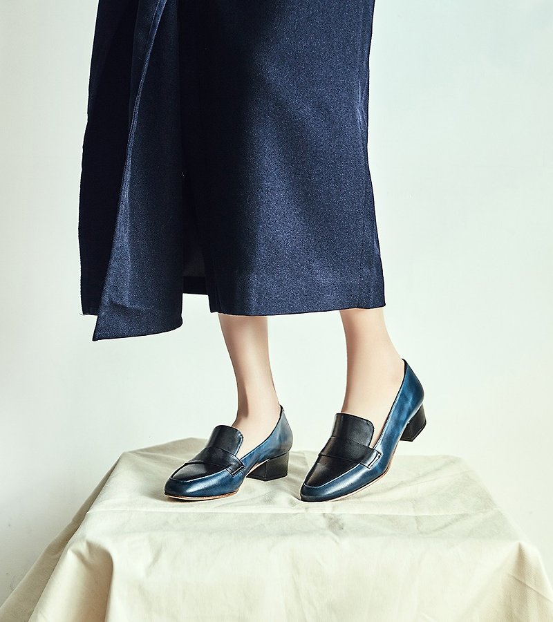 3.4 Loafer Heels - Prussian Blue - Women's Oxford Shoes - Genuine Leather Blue