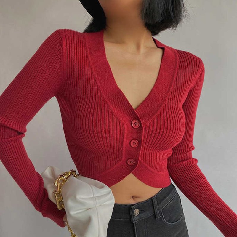 Red Button Long Sleeve Y2K Top - 女上衣/長袖上衣 - 聚酯纖維 紅色