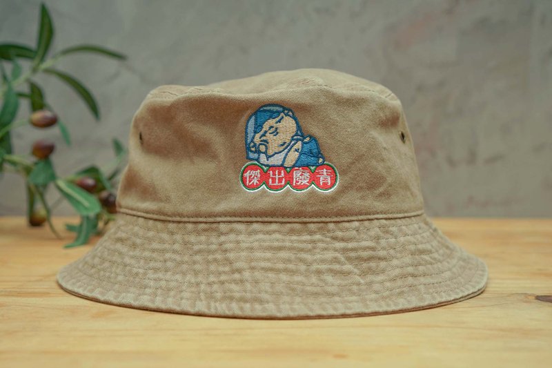 Outstanding Waste Green Bucket Hat Khaki - หมวก - ผ้าฝ้าย/ผ้าลินิน สีกากี