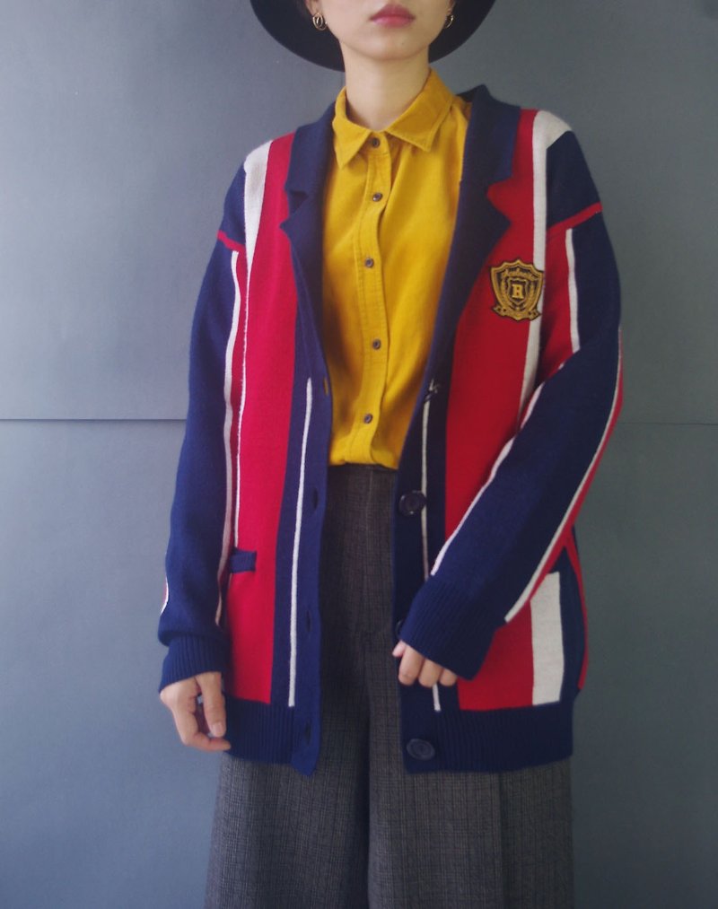 Treasure Hunting Vintage - College Style Blue White Red Striped Open Knit Jacket - สเวตเตอร์ผู้หญิง - เส้นใยสังเคราะห์ สีแดง