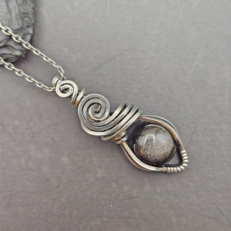 Silver Obsidian Wire Wrapped Pendant , Silver , Oxidized - Necklaces - Sterling Silver Silver