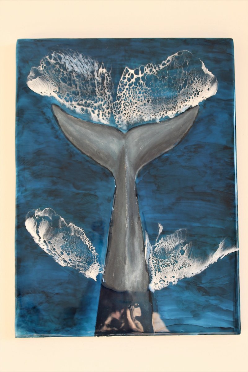 OOAK Textural whale tail sculpture in the ocean, Minimalism Art House Decor - 牆貼/牆身裝飾 - 木頭 藍色