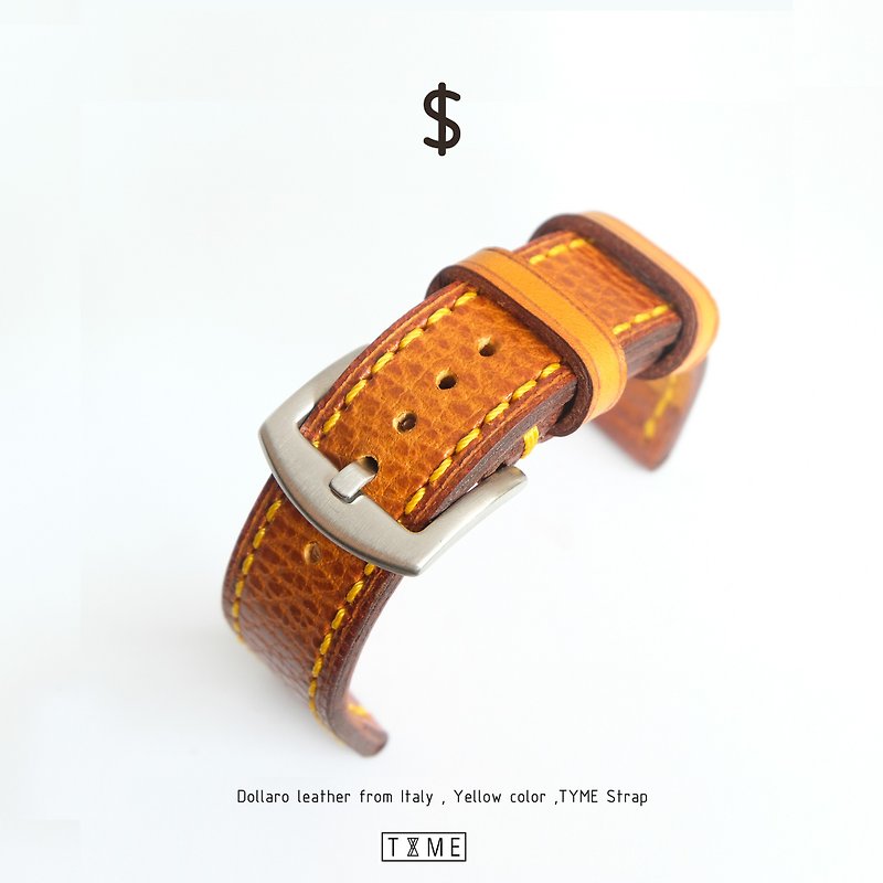 本革時計ベルト、ドルモデル、イエロー、ヴィンテージ風、美しい革シボ面イタリア産の革 - 腕時計ベルト - 革 イエロー