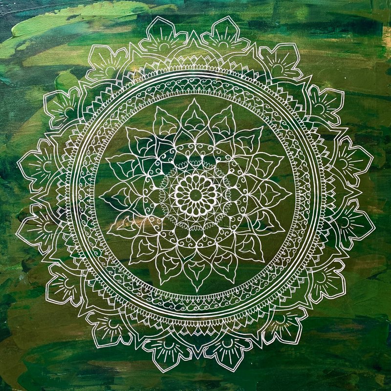 White green mandala Sacred geometry painting Meditation esoteric symbolic art - 壁貼/牆壁裝飾 - 壓克力 綠色