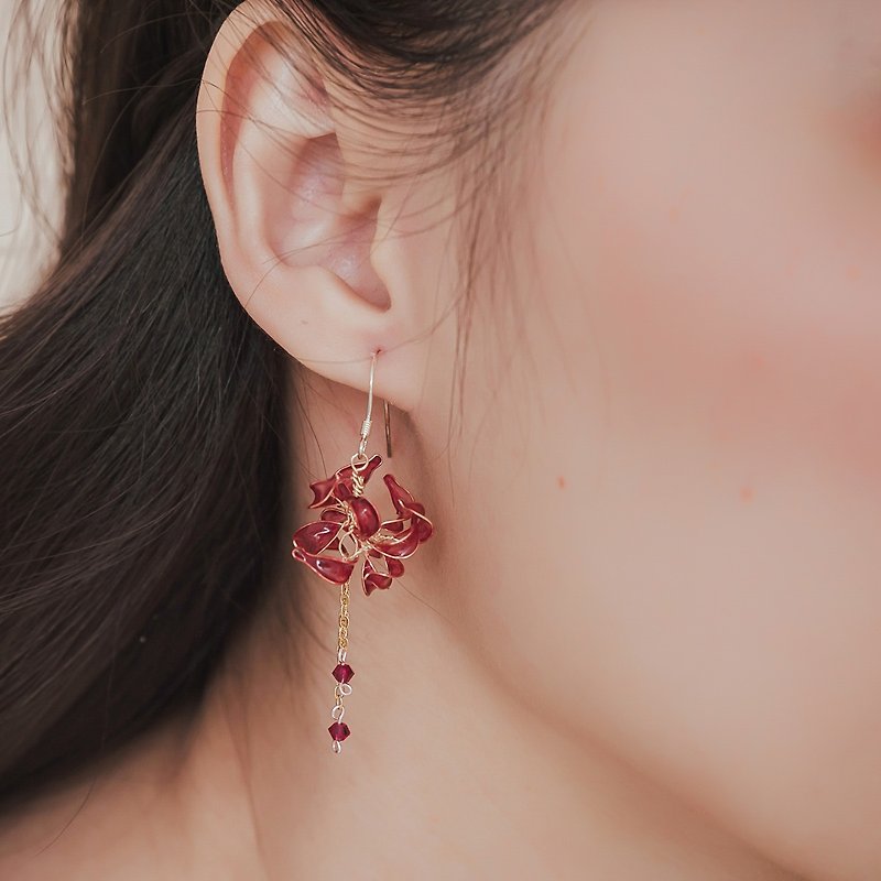 Resin Earrings & Clip-ons Red - [Bi An-Deep Red] Dangle Earrings | Crystal Flower Jewelry