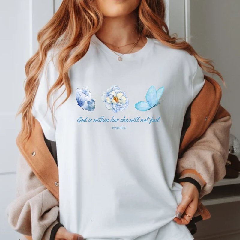 she will not fail Psalm 46:5 Bible Verse Blue Butterfly Unisex Crop Top - เสื้อยืดผู้หญิง - ผ้าฝ้าย/ผ้าลินิน ขาว