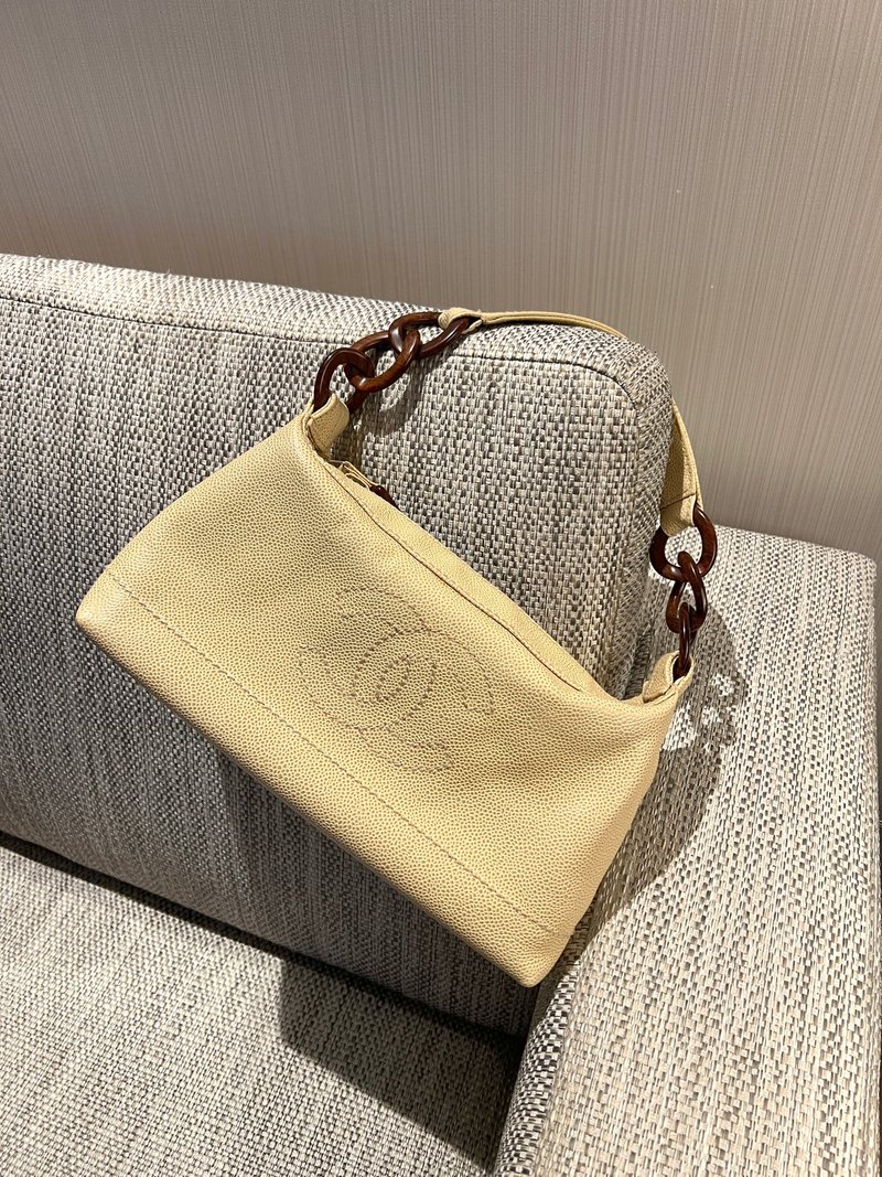 Chanel hobo絕版稀有木連接米黃色手袋肩側背包 有貼 - 手提包/手提袋 - 真皮 黃色